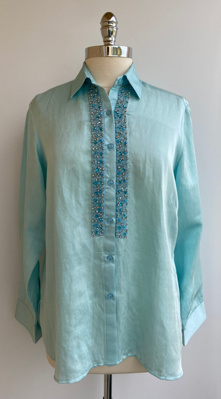 Bella Tu Jeweled Beaded Linen Viscose Button Down Women's L